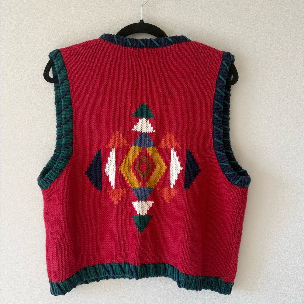 Vintage Southwestern Pattern Red Knit Vest with Green Trim